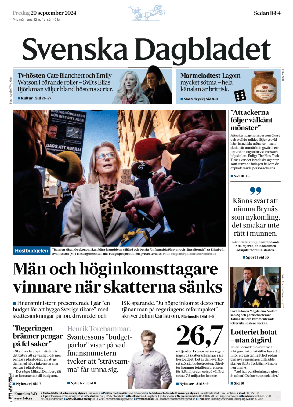 Prima-pagina-Svenska Dagbladet-edizione-di-oggi-20240920